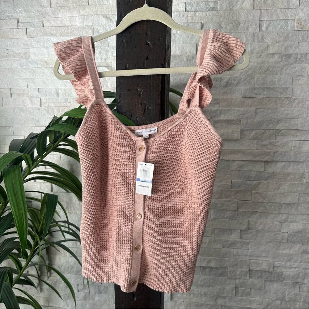 Coco + Jaimeson Pink Knit Ruffle Cap Sleeve Button-Down Top